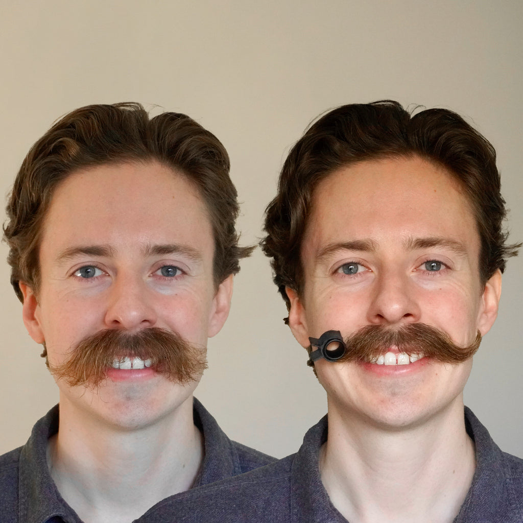 Before and after curling and styling a handlebar moustache with myhandle.bar Training Wheels v2. A messy moustache is tamed and becomes a fine handlebar moustache after curling with Training Wheels.